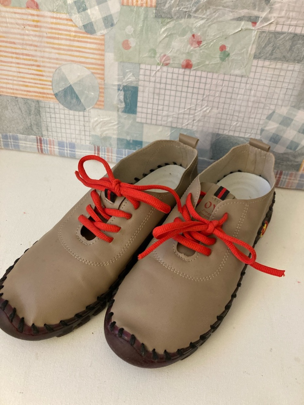 OY Beige Faux Leather Casual Shoes with Red Laces never worn size 41-8M/10W